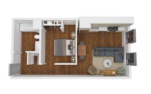 a stylized floor plan with a bedroom and living room
